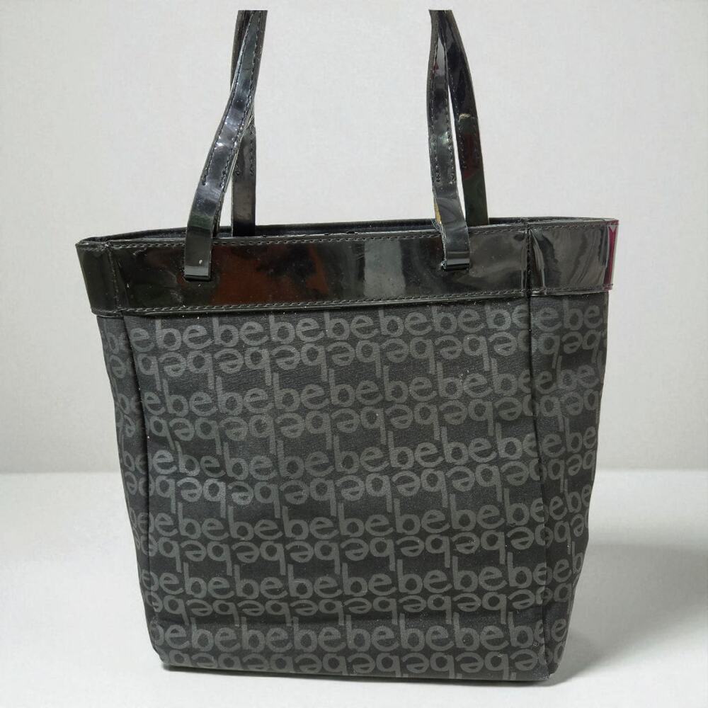 Vintage Bebe Mini Tote Bag Black Logo Patent Leather Shopper Handbag Y2K Purse